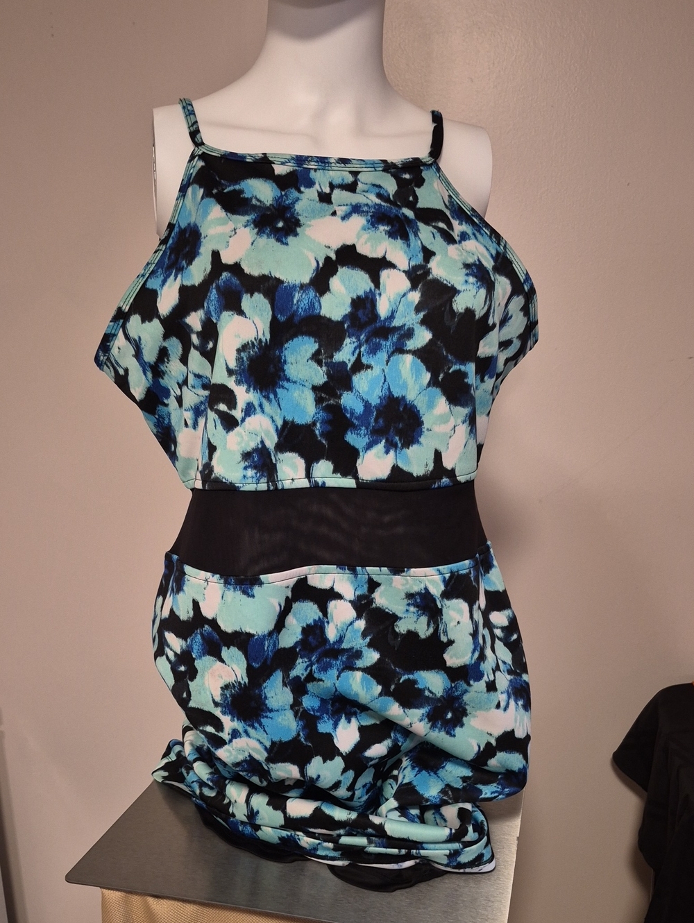 Blue Floral Midi Dress with Black Waistband Size 10